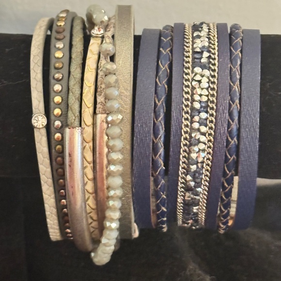 Leather 1-Beads Jewels Silver Purple Blue and 2-Silver Beige Leopard Bracelets - Picture 4 of 9